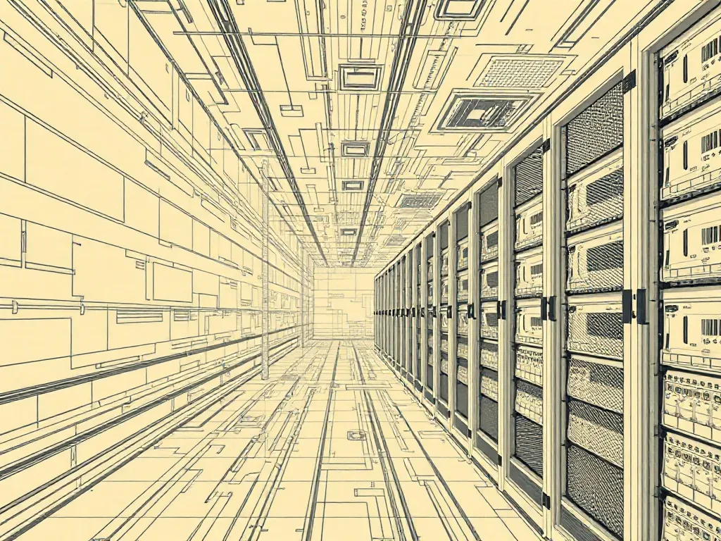 Abstract architectural technical drawing of a server farm wi