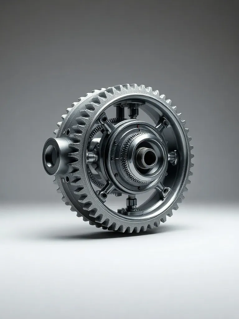 High-detail technical 3D render of a mechanical gear system,